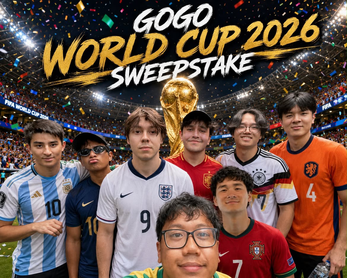 The GOGO squad in their kits at the stadium — GOGO World Cup 2026 Sweepstake
